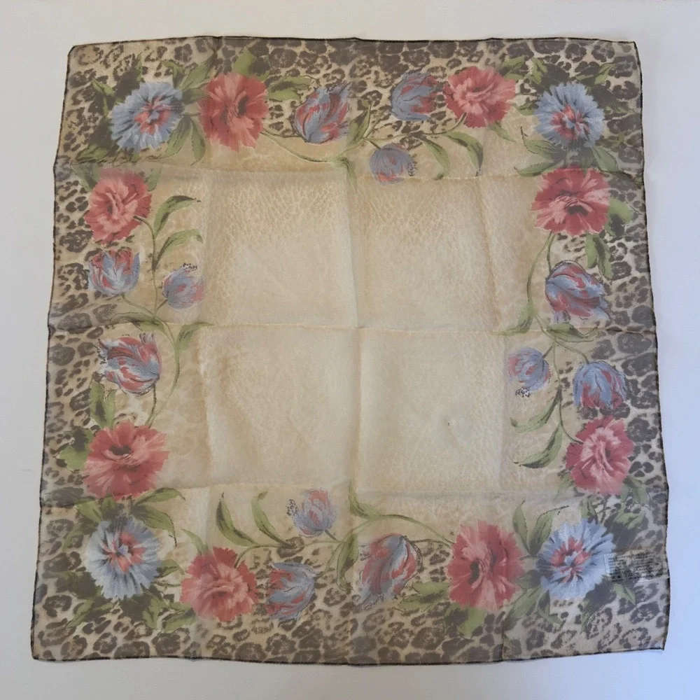 George Italy Square Scarf Leopard Floral Animal Print Cream Blue CottageCore